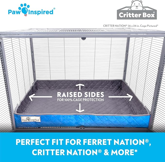 Paw Inspired Critter Box Washable Cage Liner, Reversible Fleece Bedding with Raised Sides for Ferrets, Guinea Pigs, Rats, Chinchillas, and Other Small Animals (Critter Nation/Ferret Nation, Gray/Blue)