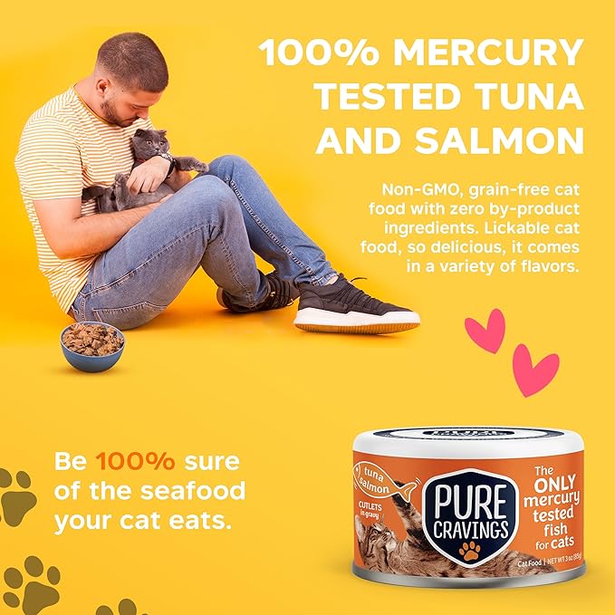 Wet Cat Food Canned Tuna and Salmon Cutlets in Gravy, 100% Mercury-Tested, Moist Can Fish for Cats, Grain-Free, Protein, Non-GMO, Pack of 12
