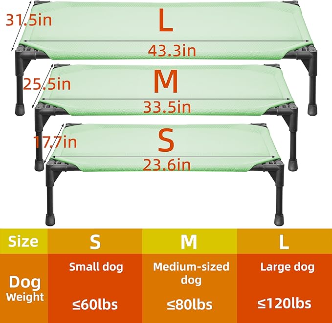 Soft Mesh Elevated Pet Bed for Large Medium Dogs Outdoor Resting Cot with Water-Resistant, Air-Permeable, Cooling and Anti-Skid Portable Dog Bed, Up to 80 lbs, 33.3" L x 25.2" W x 6.9" H, Green