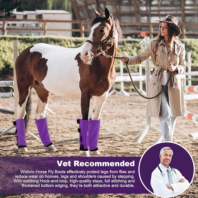Premium 4-Pack Horse Fly Boots & Leggings Loose-Fit Fine Mesh with Stay-On Fasteners, Support Strips & Anti-Stomp Design Breathable Non-Slip Protection Leg Wrap (Large) Lavender Purple