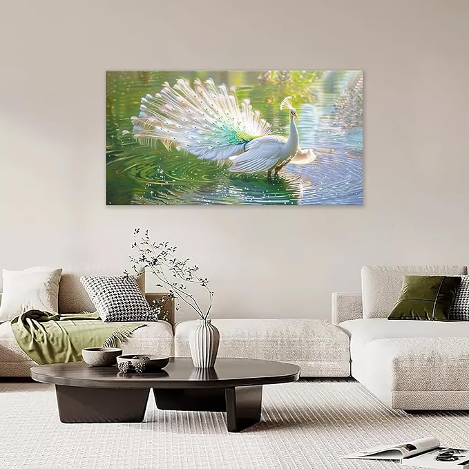 Large White Peacock Wall Art for Living Room Lake Colorful Peacock in Full Bloom Art Big Space Size Framed Bird Canvas Prints Pictures Painting Artwork Office Bedroom Home Decor 60"x30"