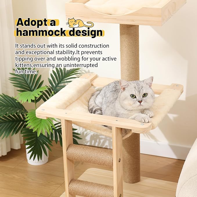 KVIDA Extra-Sturdy Wooden Cat Tree for Large Cats – Modern 3-Level Tower with Hammock, Anti-Tip Sisal Posts & Oversized Perch, Ideal for Indoor Big Cats & Multi-Cat Homes