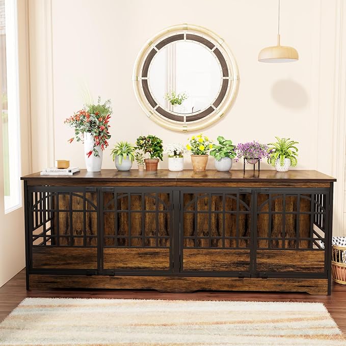 COZPAW 86 Inch Double Dog Crate Furniture for 2 Large Dogs, Decorative Dog Kennel Indoor TV Stand, Heavy Duty Wooden Dog Cage for Large Medium Dogs Sized Dog Pet House with Divider (Brown)