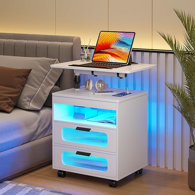 HNEBC Nightstand Set of 2, LED Nightstand with Wireless Charging Station/USB Ports,Smart Nightstand Has Adjustable Rotary Workstation with 2 Drawers,Modern Bedside Table for Bedroom Furniture(White)
