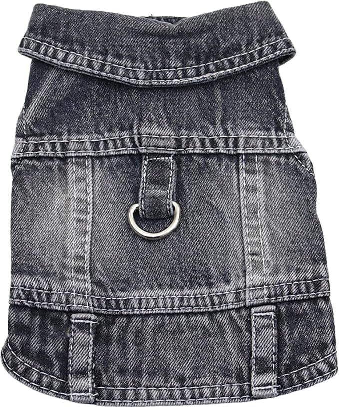 Puppy Clothes for Small Dogs Boy,Classic Western Denim Dog Coat,Dog Jeans Jacket with Leash D-Ring,Pet Cat Costumes,Cooling Harness Vest for Walking (Black, XX-Large)