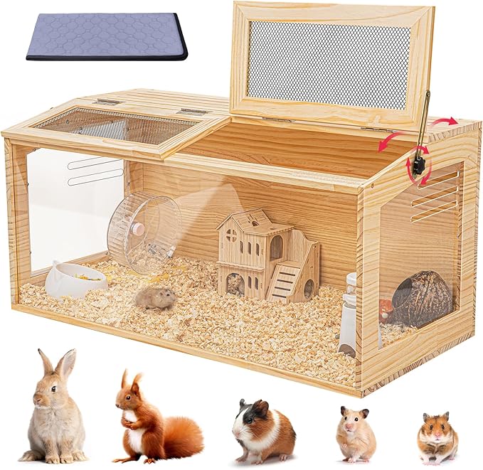 Hamster Cage 40 Inch Wooden Chewproof, 270° View Habitat with Bite-Proof Metal Mesh & Dual Access Doors, Acrylic Sheets & Solid Build for Dwarf Syrian Hamsters/Gerbils/Guinea Pigs/Chinchillas