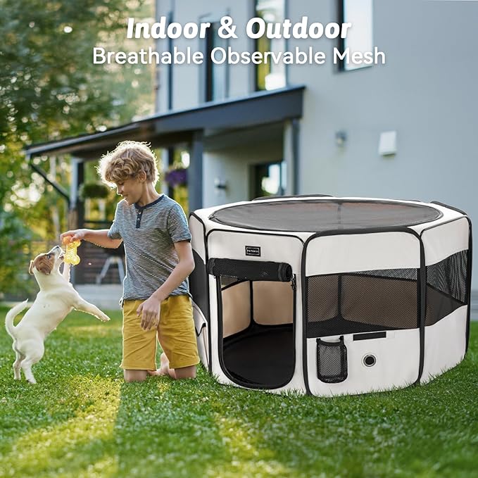 PETSFIT Portable Dog Playpen,36" Dog Play Pen Indoors with Removable Waterproof Mat & Zippered Roof | RV, Camping, Travel Dog Pen | Whelping & Cat Observation Space(36" L x 36" W x 21" H)