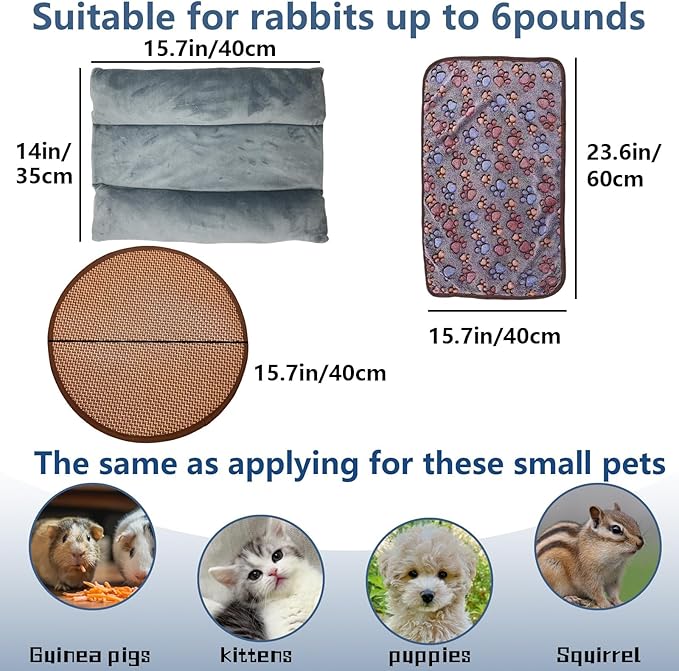 Hamiledyi 3PCS Rabbit Bed Mat 15.7x14 Inch Bunny Bed Soft Snuggle Pad Pillow Machine Washable Joint Support Guinea Pig Squirrel Hedgehog Ferret Kitten (Gray)