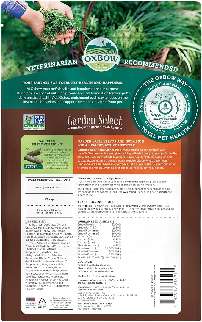 Oxbow Animal Health Garden Select Guinea Pig Food, Adult Guinea Pig, Made Timothy Hay, Vitamin & Mineral Rich Pet Food Pellets, Made in USA, High Fiber, 4 lb Bag