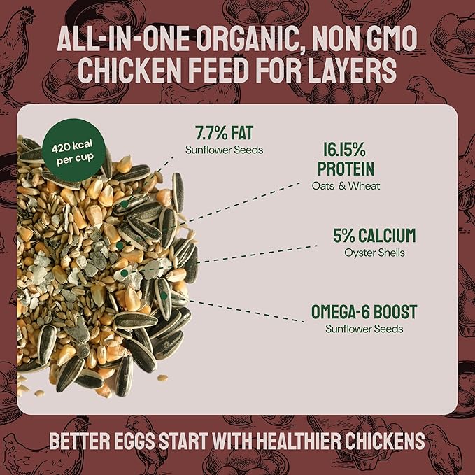 PTCOM Hatortempt 5lb Organic Chicken Feed for Laying Hens - 3 Grain Essential Blend - 5% Calcium with Oyster Shell for Chickens - Grit for Digestion - Chicken Food - Healthier Hens for Healthier Eggs