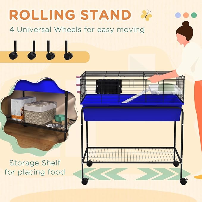 PawHut Two-Story Small Animal Cage Removable from Stand, Guinea Pig Cage with Shelf & Wheels, Pet Habitat for Hedgehog, Chinchilla, Ferret, 33" x 18.5" x 35", Blue
