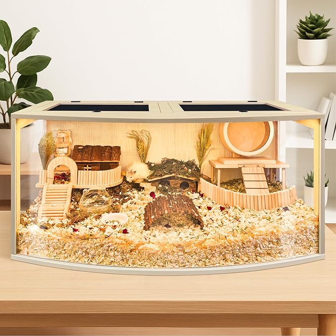 Hamster Cage Chew Proof Wood, Hamsters Enclosure Openable Top with Curved Design,Waterproof Small Animals Cage with Acrylic Sheets for Gerbils,Hamster Habitat(32 Inches)