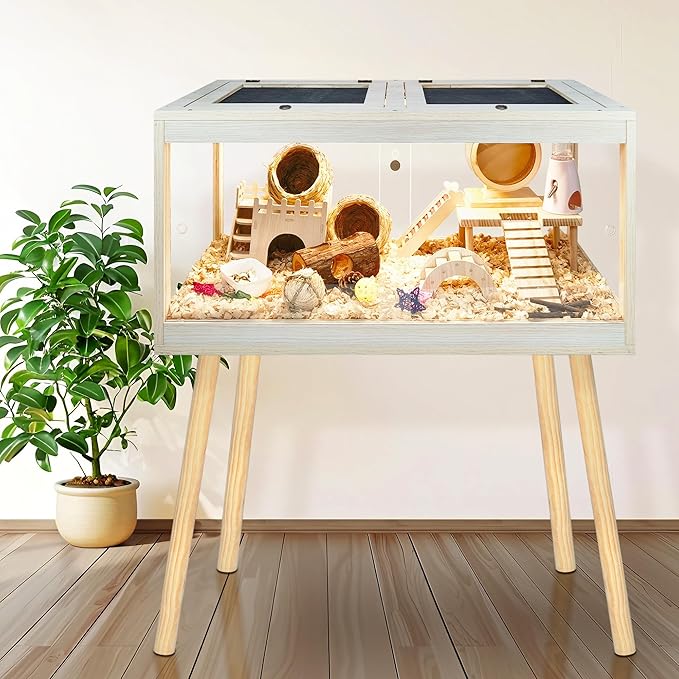 Hamster Cage Chewproof, Mice and Rat Habitat with Transparent Sides, Hamster Cage with Openable Mesh Top, Solid Built with Lock Design and Leg Stand, 32" Wide