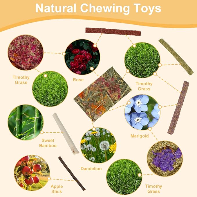 65PCS Rabbit Bunny Guinea Pig Chew Toys Treats, Chinchilla Hamster Chews Toys for Teeth, Timothy Hay Chips Treats Sticks for Rabbit Guinea Pig Chinchilla Hamster Rat