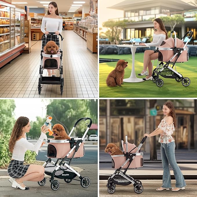 Kenyone 3-in-1 Pet Stroller for Small Medium Dogs Puppy Cat Stroller with Detachable Carrier & Pad Lightweight Foldable Aluminum Alloy Frame Dual No-Zip Entry(Pink)