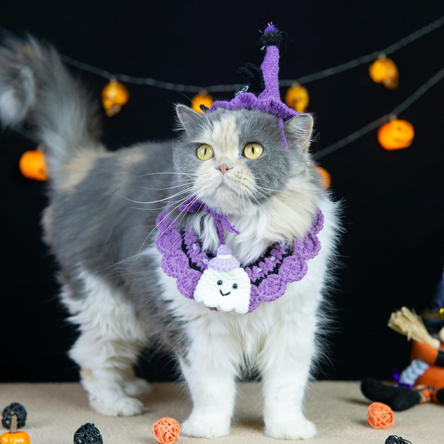 Halloween Cat Costume & Dog Outfit – Handmade Purple Witch Hat & Cute Ghost Cat Clothes, Adjustable Pet Outfit for Rabbits,Cats &Small Dogs, Lightweight & Breathable, Festive Pet Accessories (Small to Large Pet)