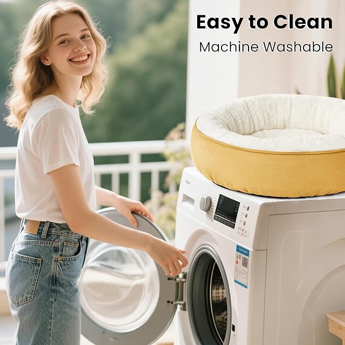 Love's cabin Round Donut Cat and Dog Cushion Bed, 25in Pet Bed for Small or Medium Dogs, Anti-Slip & Water-Resistant Bottom, Soft Durable Fabric Pet Beds, Washable Calming Cat & Dog Bed Yellow