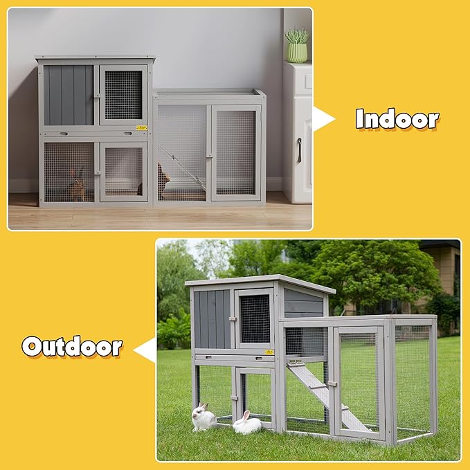 Assembled Wooden Indoor & Outdoor Rabbit Hutch, 2 Story Small Animal House Habitat, Durable Pet Bunny House Cage with Cleaning Tray, for Bunny Chick Duck Hamster (Grey)