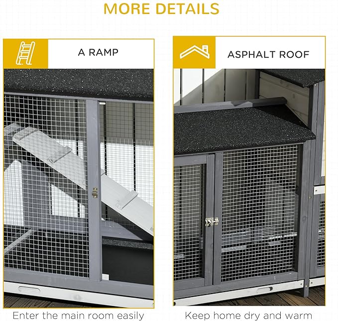 PawHut 90.5" Wooden Rabbit Hutch Bunny Cage Pet Playpen House Enclosure with Double Side Run Boxes, No Leak Tray, Ramp, for Guinea Pig and Small Animals, Light Gray
