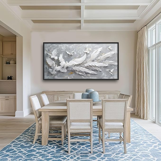 Quorin Feather Dove Bird Large Wall Art White Gray Holy Wings Pictures Peaceful Birds Flying Wall Decor Canvas Print Painting Artwork for Bathroom Living Room Bedroom 60L x 30W