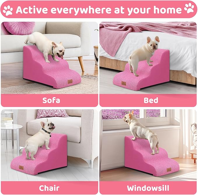 Dog Ramp and Stair for Bed 16" H-20 H,3-Step Cat Stair for Sofa and Chair,4-Step Dog Ramp for High Bed and Window,Durable Nonslip Fabric Cover for Indoor (Pink-16 H, Pet Friendly, 3)