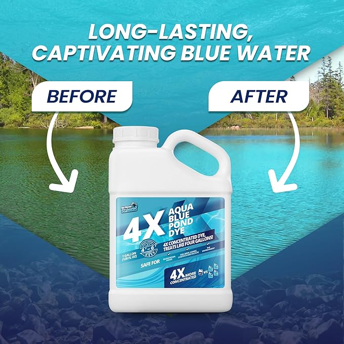 1 Gallon Aqua Blue Pond Dye 4X Concentrate, Lake & Pond Dye Blue for Aqua Colored Water, Ideal Lake Colorant, Aquashade Colorant That Protects Against Sunlight - Ideal for Fish and Wildlife