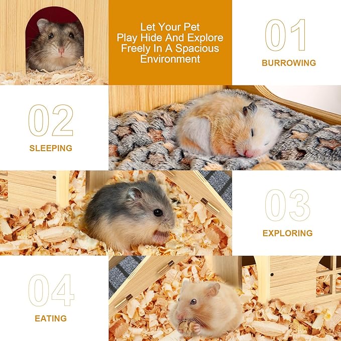 Upgraded Thickened Board Wooden Guinea Pig Castle Hideout - Spacious & Long-Lasting Small Pet Mansion with Stairs & Mat for Guinea Pigs, Chinchillas, Rats, Hamsters, and Bunnies