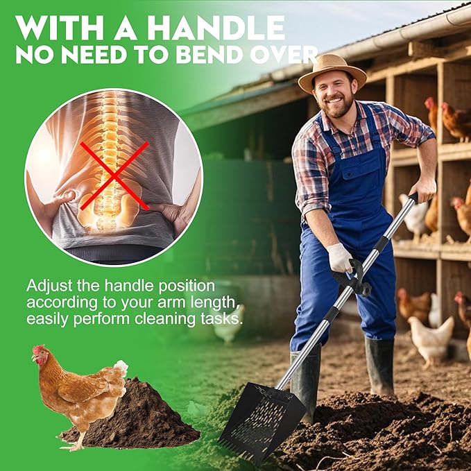 2-in-1 Chicken Poop Scooper & Rake - Adjustable Chicken Coop Scoop with Handle(39、53、67 in),Stainless Steel Shovel Head- Litter Scooper Sand & Sifting Shovel for Chicken Coops