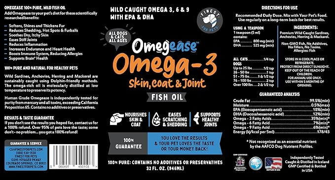 Omegease Fish Oil for Dogs & Cats - Finest for Pets Omega 3 for Cats & Dogs - Supplement for Skin & Coat, Itching, Shedding, Joints & Immune Health - 100% Pure Omega Fish Oil with EPA & DHA (32 oz)