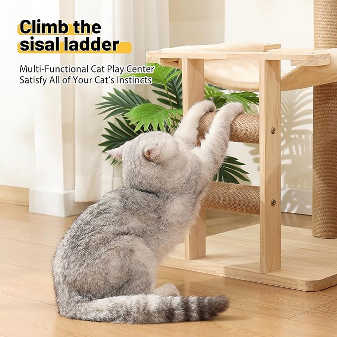 KVIDA Extra-Sturdy Wooden Cat Tree for Large Cats – Modern 3-Level Tower with Hammock, Anti-Tip Sisal Posts & Oversized Perch, Ideal for Indoor Big Cats & Multi-Cat Homes