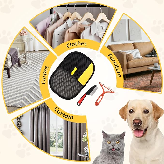 3 Pcs Pet Hair Removal Glove Set, Reusable Electrostatic Pet Hair Remover with Hair Remover Brush and Pet Comb, Upgrade Efficient Cats&Dogs Grooming Gloves for Clothes Furniture Carpet Seat