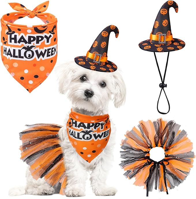 SCENEREAL Small Dog Halloween Costumes, Bandana Hat Dress Set, 3pcs Puppy Party Supplies, Soft Triangle Scarf, Cute Tutu Skirt Outfit for Girl Boy Pet-(Small)