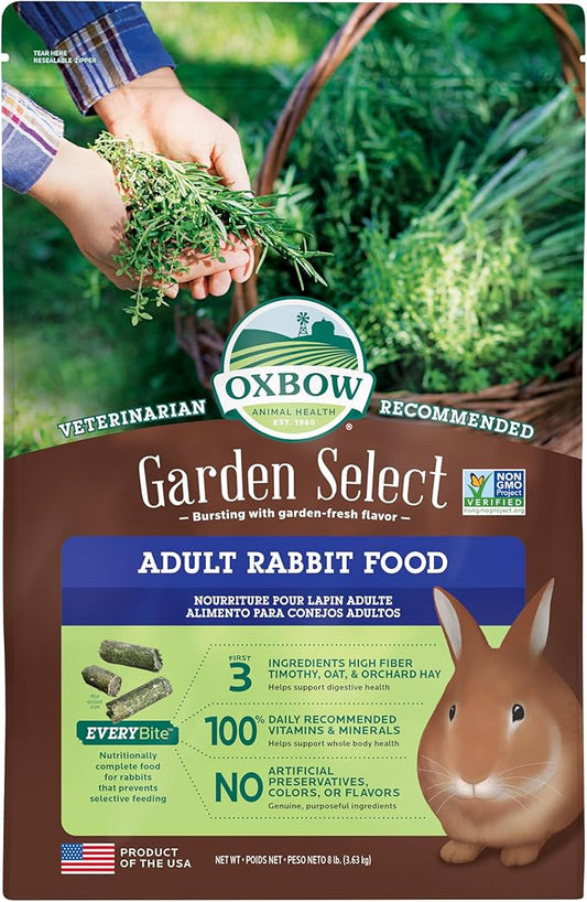 Oxbow Garden Select Rabbit Food, Adult, Made Timothy Hay for Rabbit, Bunny Food Pellets, Non-GMO, No Soy or Wheat, Small Animal Pet Products, Made in USA, High Fiber, 8 lb. Bag
