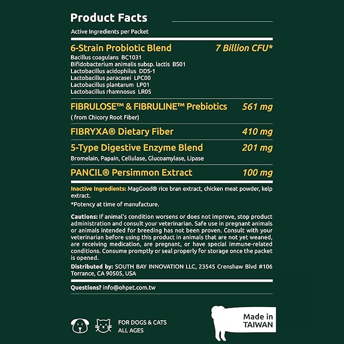 Oh!Pet® 5-in-1 Digestive Probiotics – 7B CFU Powder for Dogs & Cats with Prebiotics & Enzymes (Chicken, 30 Packets)