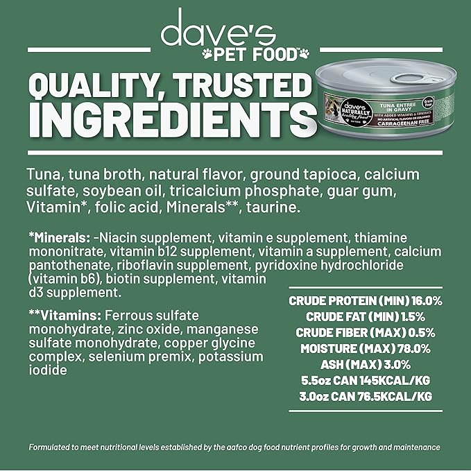 Dave's Pet Food Grain Free Wet Cat Food (Tuna Entrée in Gravy), Naturally Healthy Canned, Added Vitamins & Minerals, Wheat & Gluten-Free, 3 oz (24 Pack)