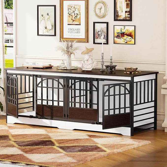 COZPAW 86 Inch Double Dog Crate Furniture for 2 Large Dogs, Decorative Dog Kennel Indoor TV Stand, Heavy Duty Wooden Dog Cage for Large Medium Dogs Sized Dog Pet House with Divider (White)