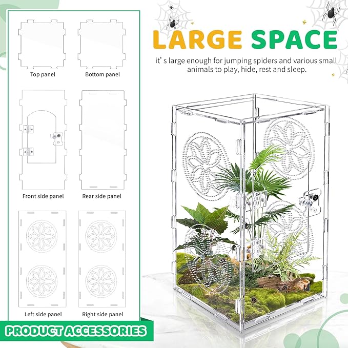 Jumping Spider Enclosure, 12x6x6 Inch Acrylic Tarantula Enclosure, Jumping Spider Accessories with Front Opening Door
