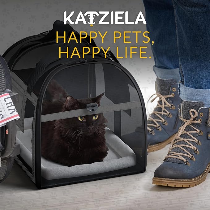 Katziela Airline Approved Pet Carrier - Rolling Portable Travel Carry Crate for Small Dog, Puppy or Cat - Soft Removable Wheeled Design with Mesh Window Sides - Airplane and TSA Compliant (Dark Grey)