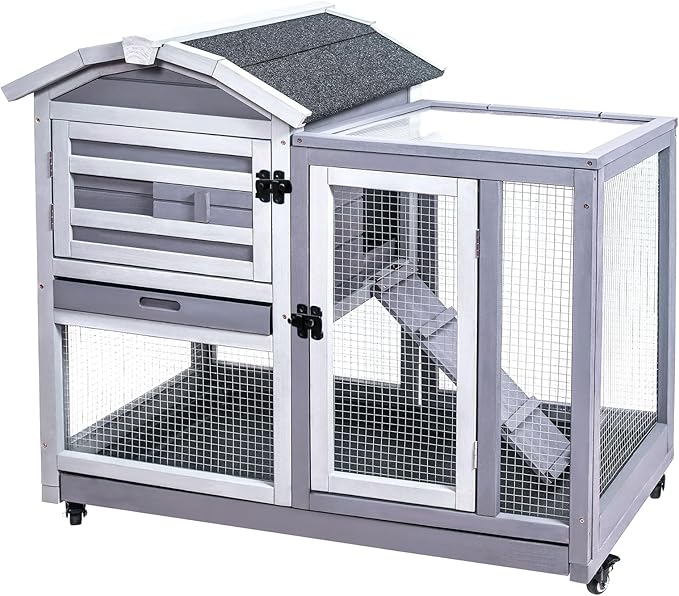 GEGURI Rabbit Hutch Indoor Rabbit Cage Outdoor, Wooden Bunny Cages for Guinea Pig with Wheels, Removable Tray, Ramp