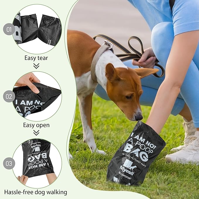 100% Certified Compostable Dog Poop Bag Rolls, 120 Bags (8 Rolls) Eco-Friendly Poop Bags for Dogs, Leak Proof Unscented Easy Open Poop Waste Bag(Black)