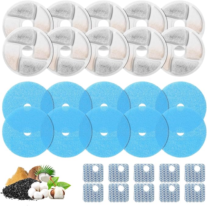 10 Set Cat Water Fountain Filter Replacement for Square 2.2L/73oz Stainless Steel Cat Fountain, ZEKIRY Pet Fountain Filter, Triple Filtration Replacement Filters(10 Filter, 10 Sponge, 10 8D Sponge)