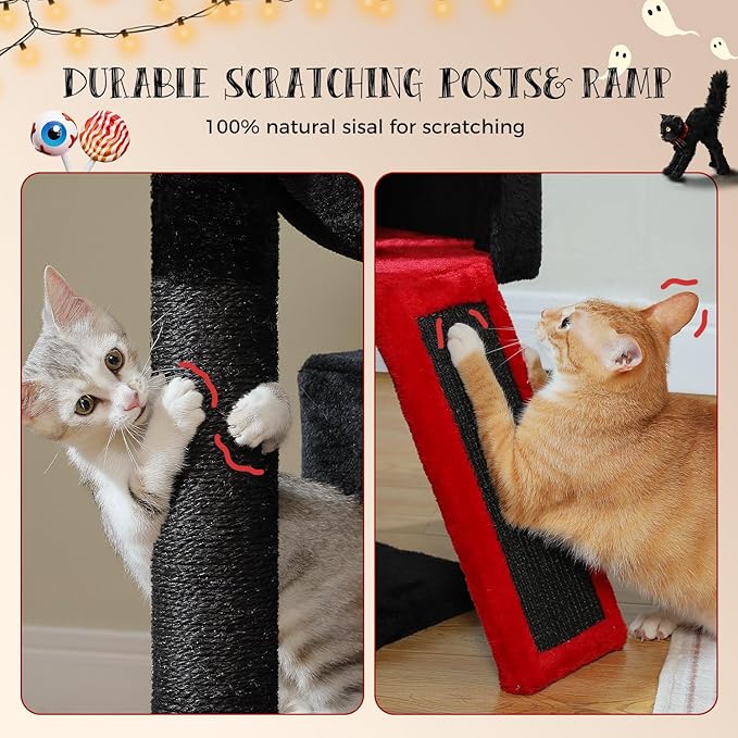 PAWZ Road Large Cat Tree, 41 Inches Gothic Cat Tower with 2 Spacious Condos for Indoor Cats, Large Black Cat House with Comfy Hammock, Padded Perch, Scratching Pad and Replaceable Balls-Black