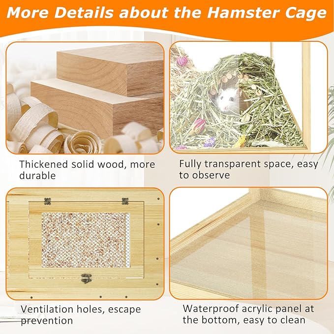 24" Hamster Cage, Lockable Sliding Door Gerbil Cage, Dwarf Hamster Cage with Metal Mesh Roof, Mice and Small Animal Habitat, Chewproof Syrian Hamster Enclosure, (Wooden, 24" L x 16" W x 16" H)
