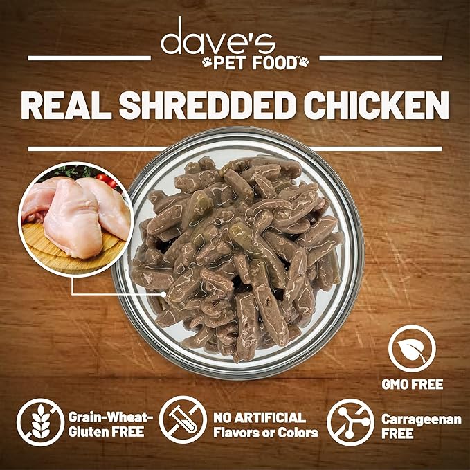 Dave's Pet Food Grain Free Wet Cat Food (Shredded Chicken in Gravy), Made in Canada Naturally Healthy Canned Cat Food, 13.2 oz (12 Pack)