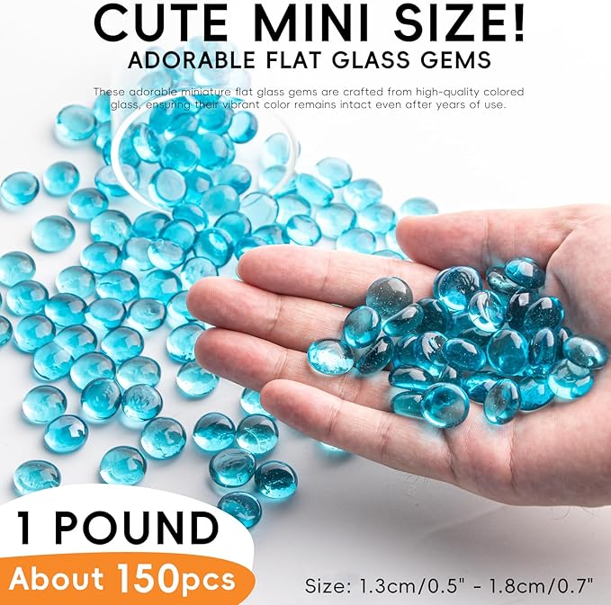 1 LB Glass Marbles, Sea Blue Mini Flat Glass Beads~150 PCS for Vase Fillers, Floral Bottom Mancala Gems Pebbles Fish Tank Rocks for Table Aquarium,Home Decor Art Craft Supplies(0.5"~0.7")