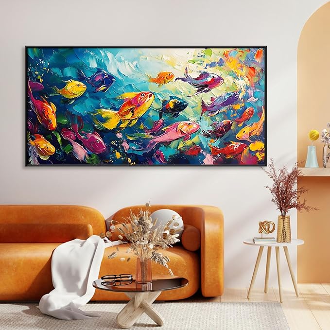 School of Fish Printed Canvas Wall Art – Framed Abstract Ocean Print – Vibrant Fish Wall Decor for Living Room, Bedroom, Office (Gold Framed, 62"x31"|160x80cm)