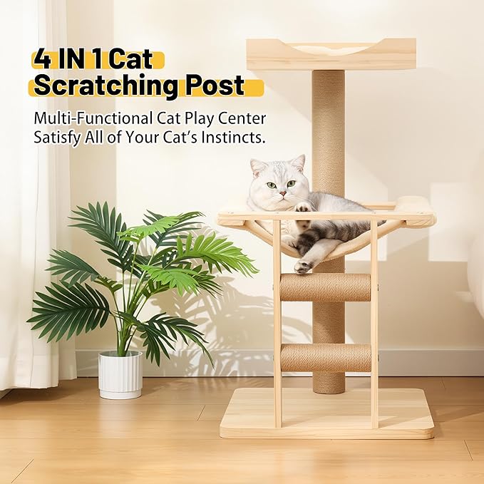 KVIDA Extra-Sturdy Wooden Cat Tree for Large Cats – Modern 3-Level Tower with Hammock, Anti-Tip Sisal Posts & Oversized Perch, Ideal for Indoor Big Cats & Multi-Cat Homes