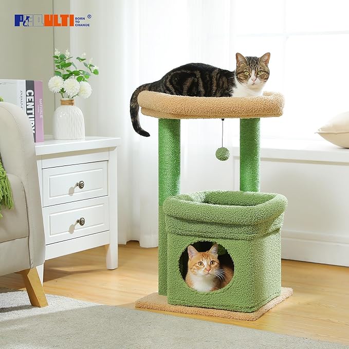 PEQULTI Cat Tree Cactus Cat Tower for Indoor Cats with Private Cozy Cat Condo, Natural Sisal Scratching Posts and Plush Pom-pom for Small Cats Green