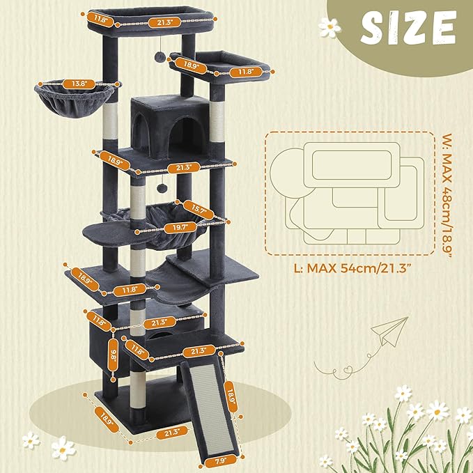 81 Inch Tall Cat Tree for Big Cats & Multi-Cat Homes, Large Heavy Duty Cat Tower with Metal Frame Hammock, 6 Scratching Posts, 2 Condos, 2 Perches, Scratching Pad - Dark Grey