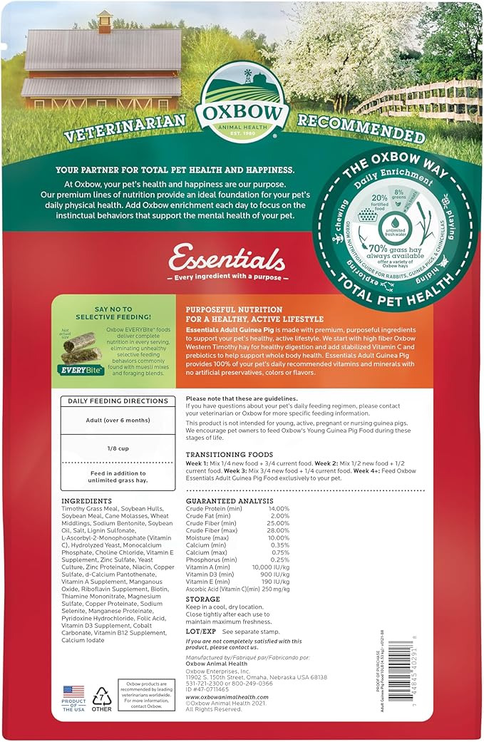 Oxbow Essentials Guinea Pig Food, Adult Guinea Pig, Made with Oxbow Timothy Hay, Pet Food Pellets with Vitamin C, Small Animal Pet Products, Made in USA, High Fiber, 10 lb. bag